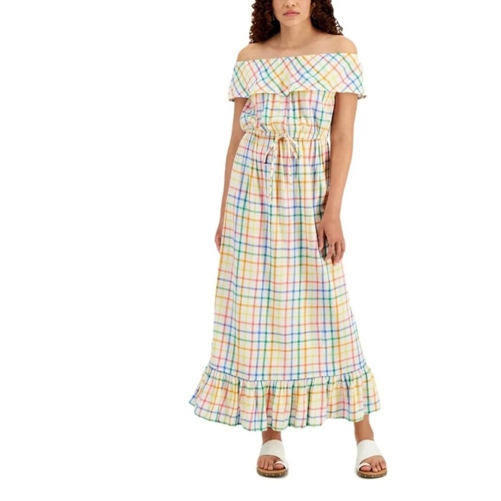 Style & CO Women Rainbow Sun Ray Gingham Off The Shoulder Maxi Long Dress PM